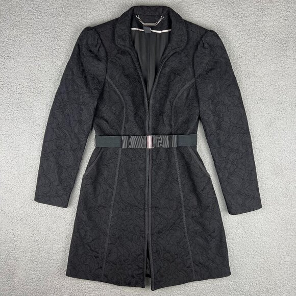 White House Black Market Coat Womens Extra Small XS Black Lace Longline Belted 1